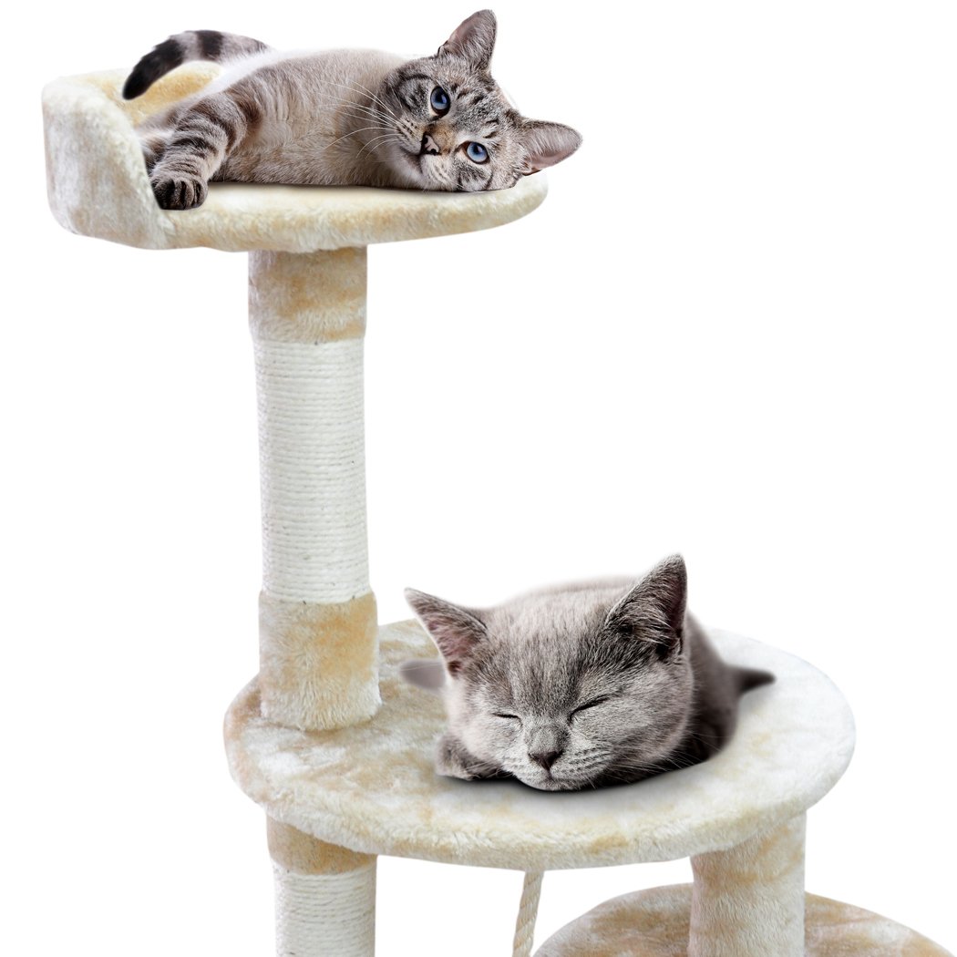 PaWz 1.1M Cat Scratching Post Tree featuring plush upholstery and natural sisal poles, designed for climbing and scratching.